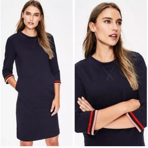 Boden Livia Sweatshirt Shift Dress 4 4L Navy 3/4 Sleeve Velvet Stripe Pockets